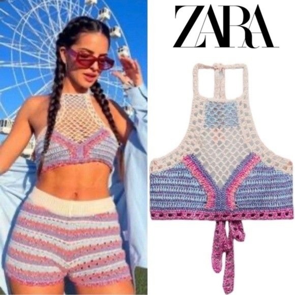 Zara Tops - Zara crochet halter cropped top lavender pink cream boho open back high neck